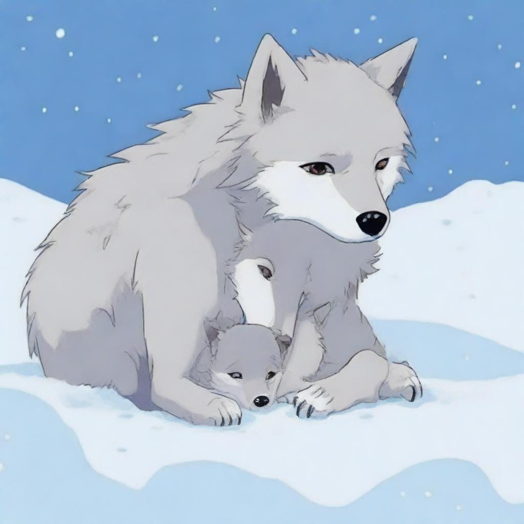 A baby wolf crying next to its dead mother in the snow, with no humans present