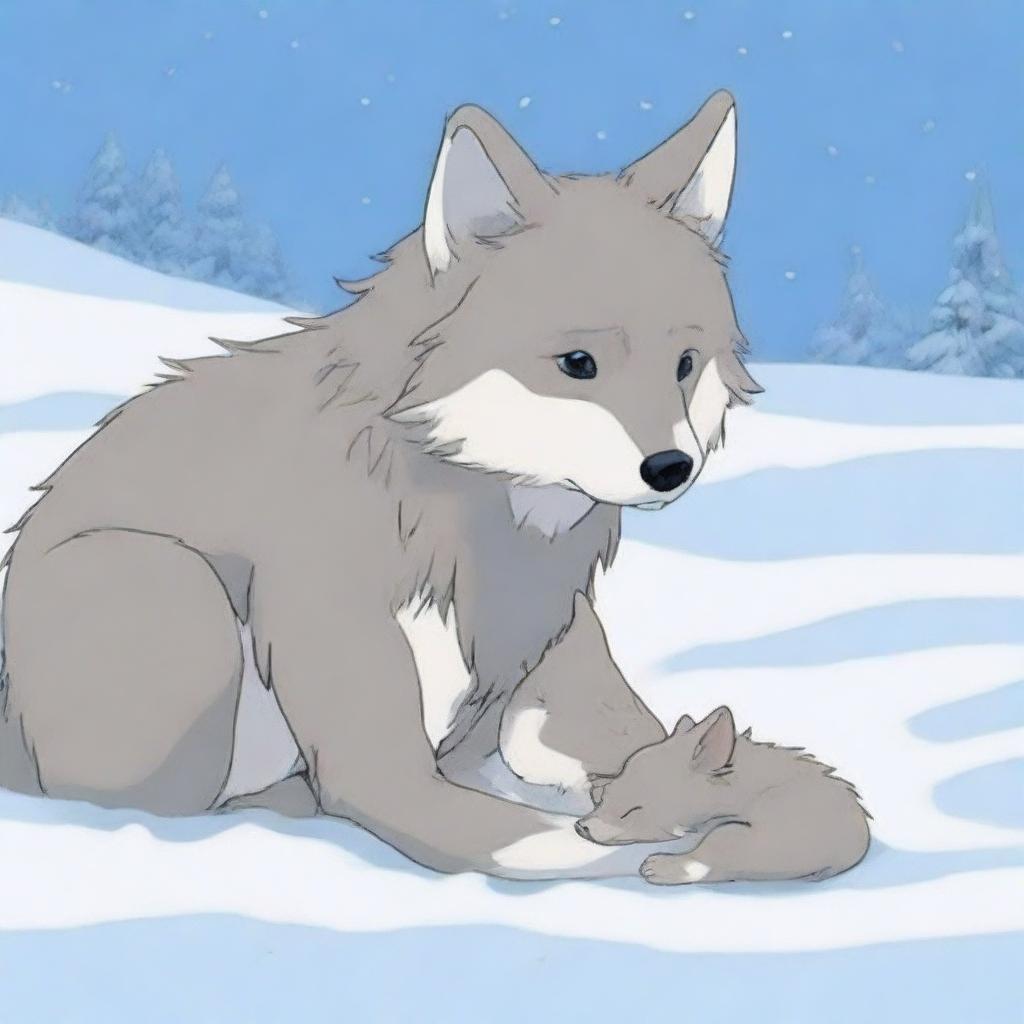 A baby wolf crying next to its dead mother in the snow, with no humans present