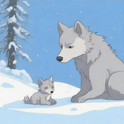 A baby wolf crying next to its dead mother in the snow, with no humans present