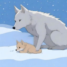 A baby wolf crying next to its dead mother in the snow, with no humans present