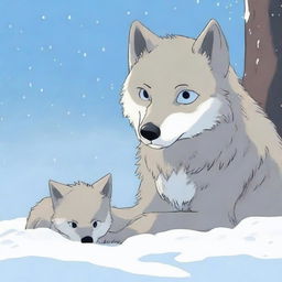 A baby wolf crying next to its dead mother in the snow, with no humans present