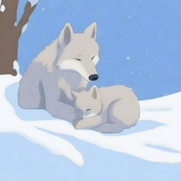 A baby wolf looking at its sleeping mother in the snow, with no humans present