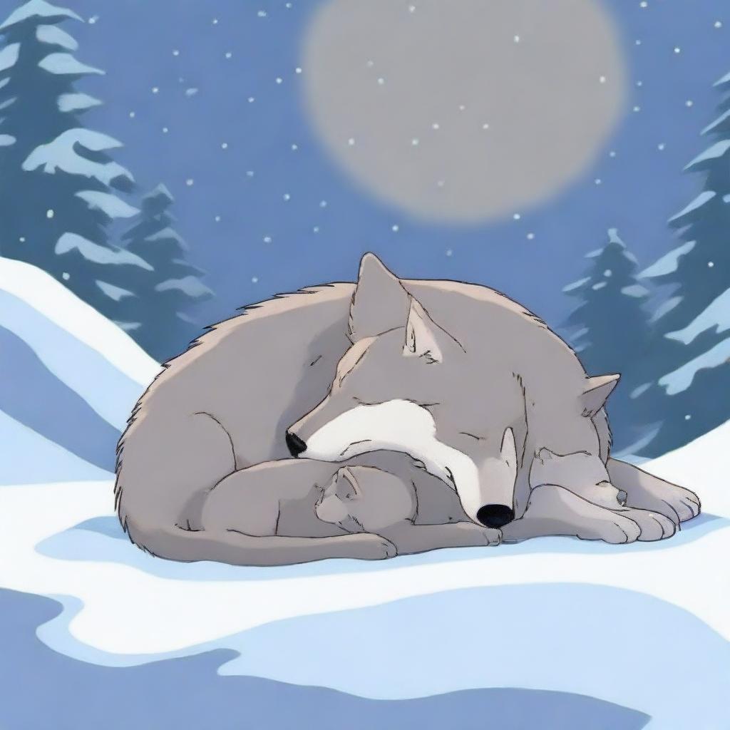 A wolf and its cub sleeping peacefully in the snow, with no humans present