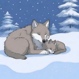 A wolf and its cub sleeping peacefully in the snow, with no humans present