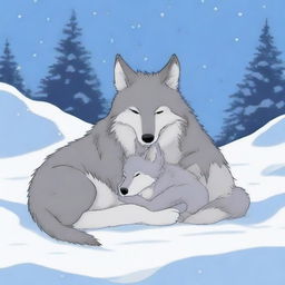 A wolf and its cub sleeping peacefully in the snow, with no humans present