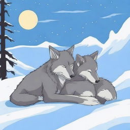 A wolf and its cub sleeping peacefully in the snow, with no humans present