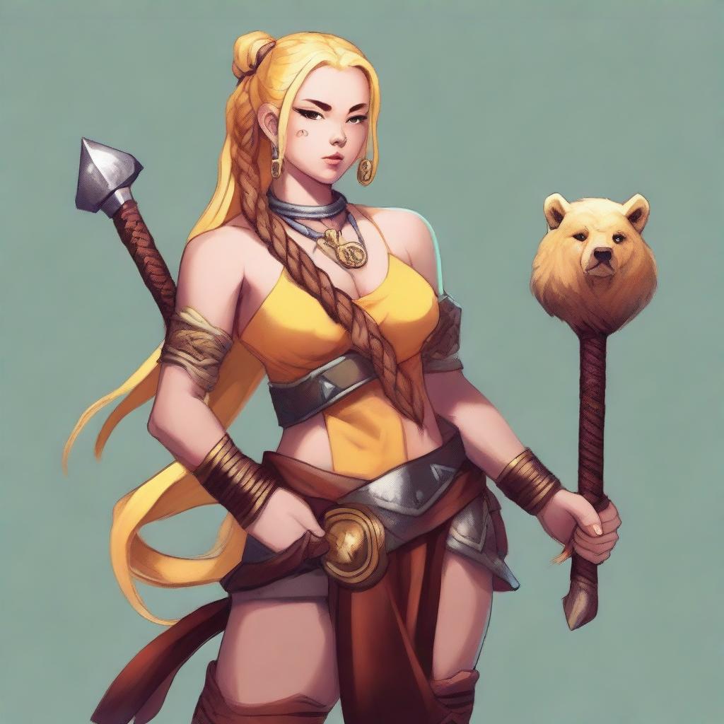 A female human barbarian of the Path of the Beast, wearing a small wooden bear head pendant