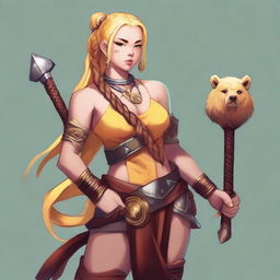 A female human barbarian of the Path of the Beast, wearing a small wooden bear head pendant