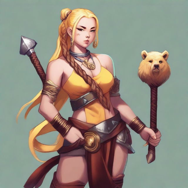 A female human barbarian of the Path of the Beast, wearing a small wooden bear head pendant