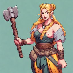 A female human barbarian of the Path of the Beast, wearing a small wooden bear head pendant