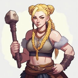 A female human barbarian of the Path of the Beast, wearing a small wooden bear head pendant