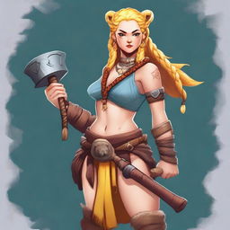 A female human barbarian of the Path of the Beast, wearing a small wooden bear head pendant