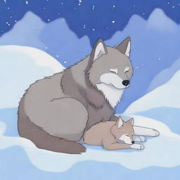 A wolf and its cub sleeping peacefully in the snow, with no humans present