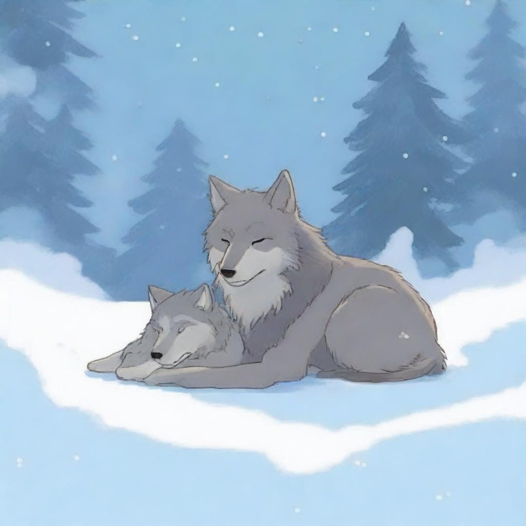 A wolf and its cub sleeping peacefully in the snow, with no humans present