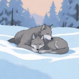 A wolf and its cub sleeping peacefully in the snow, with no humans present