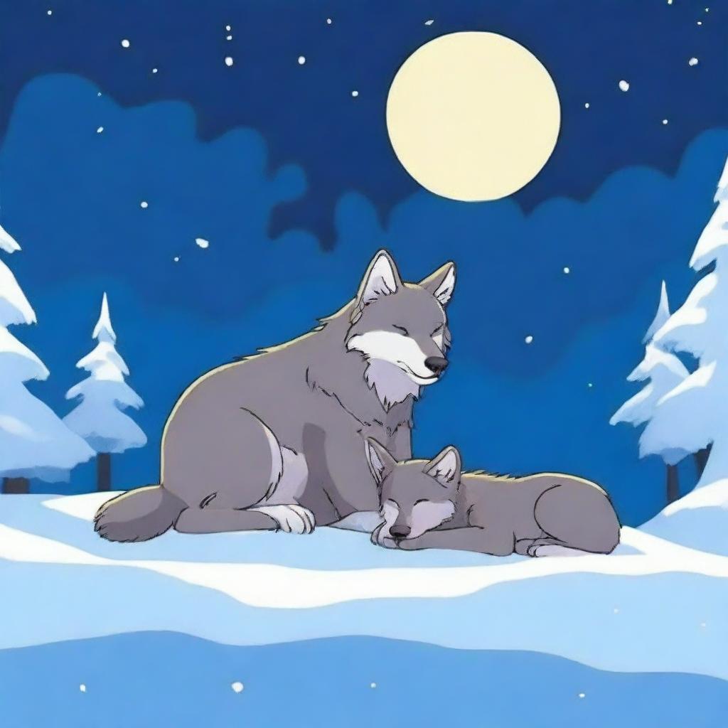 A wolf and its cub sleeping peacefully in the snow at night, with no humans present