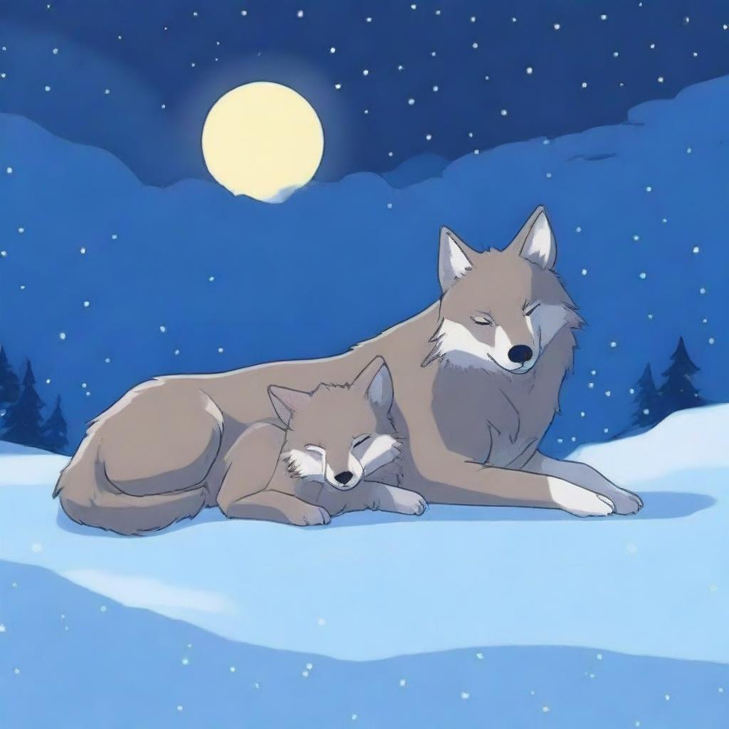 A wolf and its cub sleeping peacefully in the snow at night, with no humans present