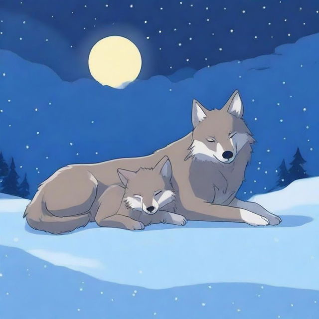 A wolf and its cub sleeping peacefully in the snow at night, with no humans present