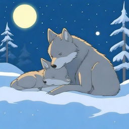 A wolf and its cub sleeping peacefully in the snow at night, with no humans present