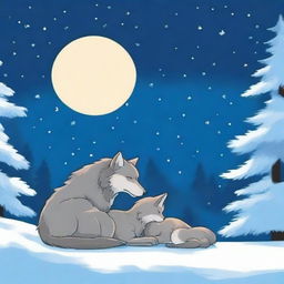 A wolf and its cub sleeping peacefully in the snow at night, with no humans present