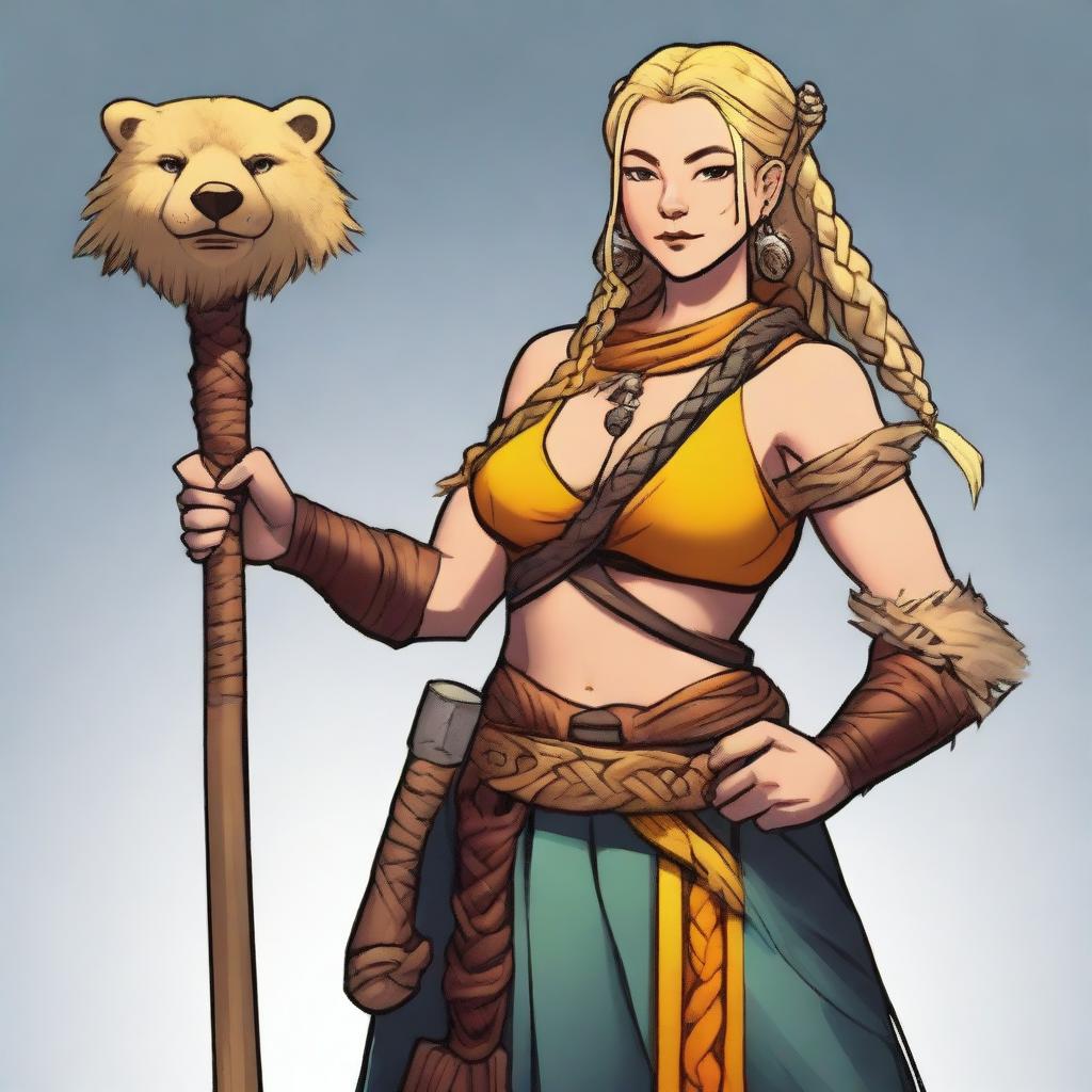 A female human barbarian of the Path of the Beast, wearing a small wooden bear head pendant around her neck