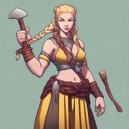 A female human barbarian of the Path of the Beast, wearing a small wooden bear head pendant around her neck