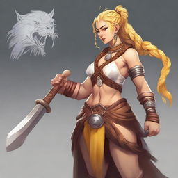 A female human barbarian of the Path of the Beast, wearing a small wooden bear head pendant around her neck