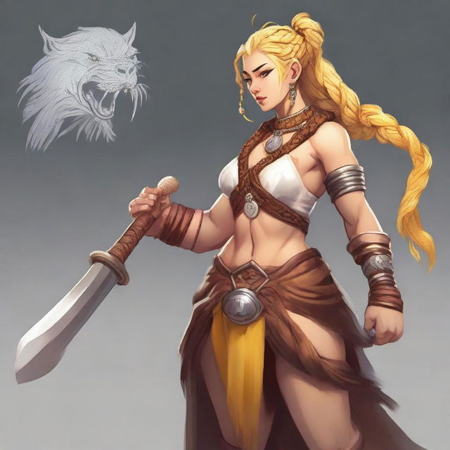 A female human barbarian of the Path of the Beast, wearing a small wooden bear head pendant around her neck