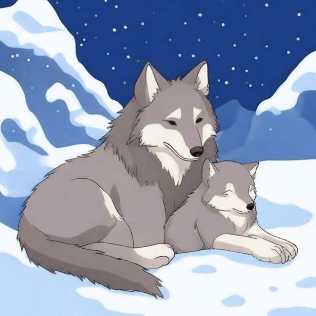 A serene scene of a wolf and its cub sleeping in the snow on a peaceful night