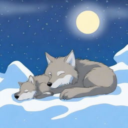 A serene scene of a wolf and its cub sleeping in the snow on a peaceful night