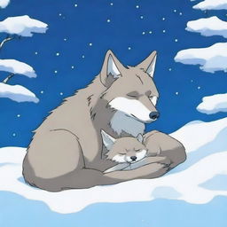 A serene scene of a wolf and its cub sleeping in the snow on a peaceful night