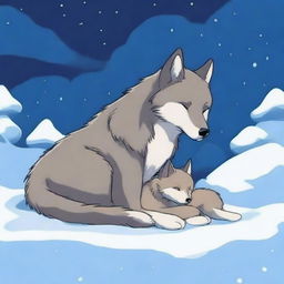 A serene scene of a wolf and its cub sleeping in the snow on a peaceful night