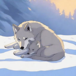 A tranquil scene of a wolf and its cub sleeping in the snow during the morning with sunlight gently illuminating the area