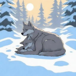 A tranquil scene of a wolf and its cub sleeping in the snow during the morning with sunlight gently illuminating the area