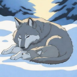 A tranquil scene of a wolf and its cub sleeping in the snow during the morning with sunlight gently illuminating the area