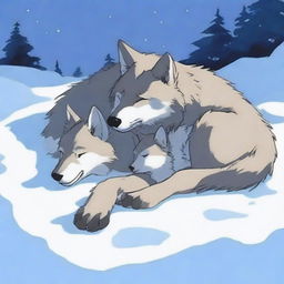 A tranquil scene of a wolf and its cub sleeping in the snow during the morning with sunlight gently illuminating the area