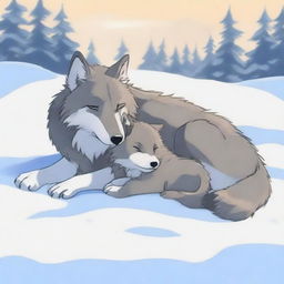 A tranquil scene of a wolf and its cub sleeping in the snow during the morning with sunlight gently illuminating the area