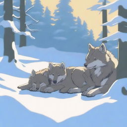 A tranquil scene of a wolf and its cub sleeping in the snow during the morning with sunlight gently illuminating the area