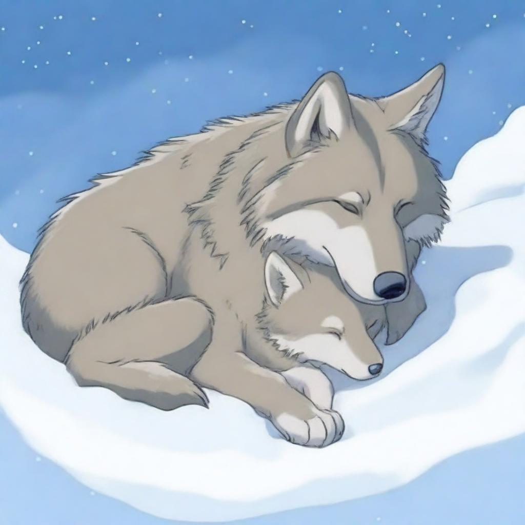 A serene scene of a wolf and its cub sleeping in the snow