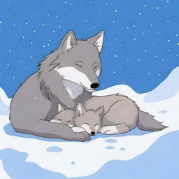 A serene scene of a wolf and its cub sleeping in the snow