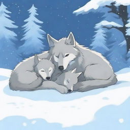 A serene scene of a wolf and its cub sleeping in the snow