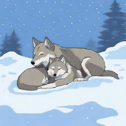 A serene scene of a wolf and its cub sleeping in the snow