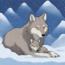 A peaceful scene of a wolf and its cub sleeping while snow gently falls around them