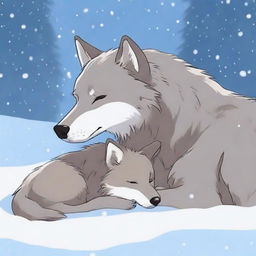 A peaceful scene of a wolf and its cub sleeping while snow gently falls around them