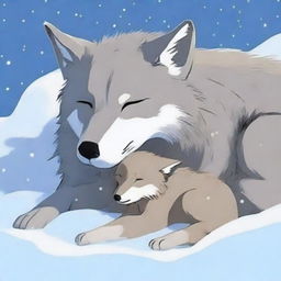 A peaceful scene of a wolf and its cub sleeping while snow gently falls around them