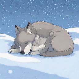 A peaceful scene of a wolf and its cub sleeping while snow gently falls around them