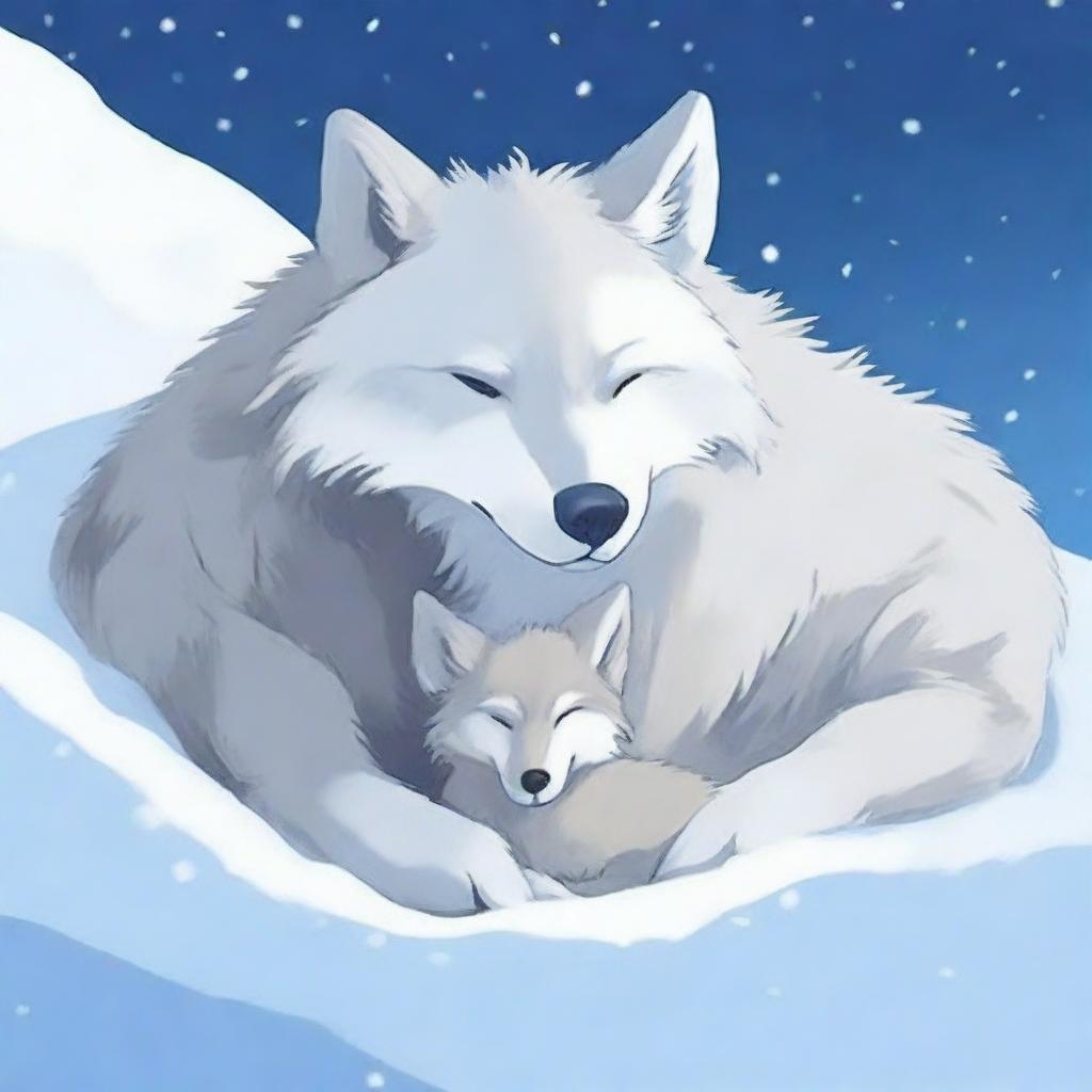 A serene scene of a wolf and its cub fully covered in snow while they sleep