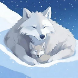 A serene scene of a wolf and its cub fully covered in snow while they sleep