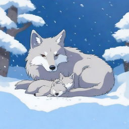 A serene scene of a wolf and its cub fully covered in snow while they sleep