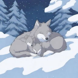 A serene scene of a wolf and its cub fully covered in snow while they sleep